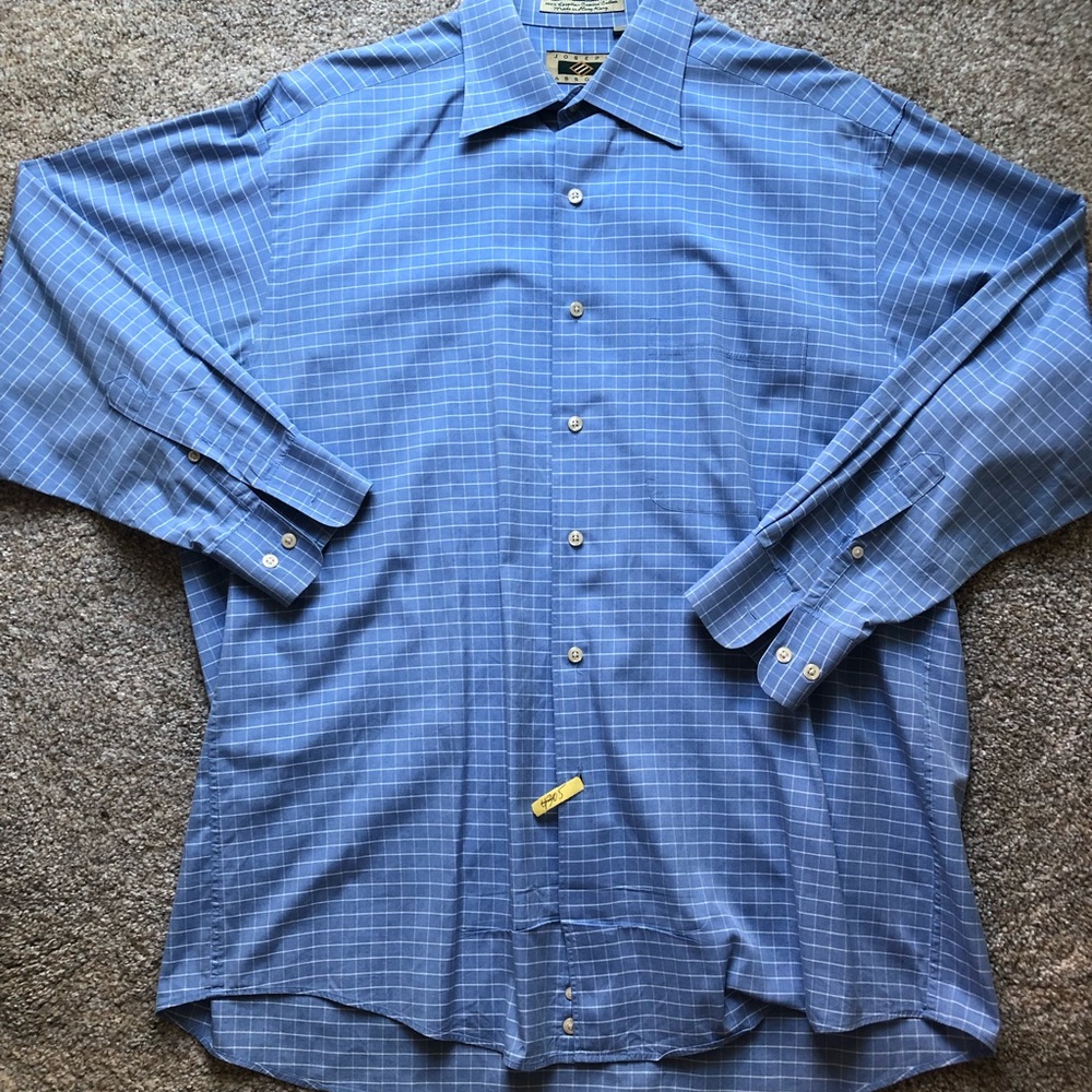 L/S light blue and white check dress shirt.
